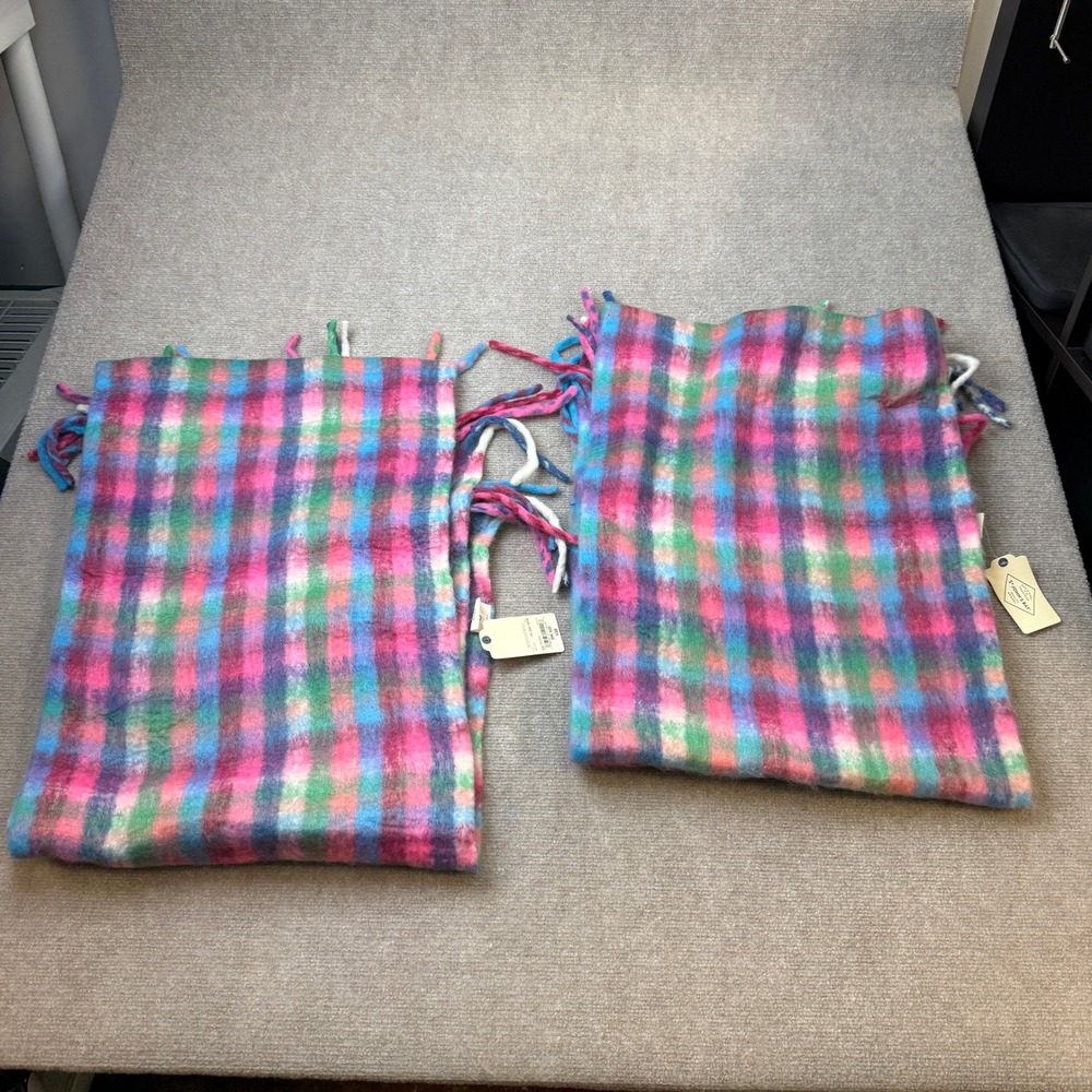 Lot of 2 MSRP $38 St. John's Bay Womens Bright Pink Multi Plaid Scarves Fringe